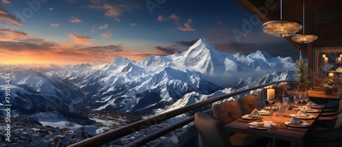 Panoramic view of the beautiful alps at sunset from a cafe