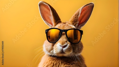 A sleek white bunny donning sunglasses  exuding effortless coolness against a vibrant yellow background