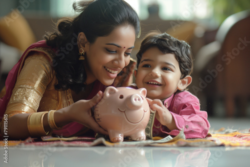 Woman and Child Playing With Piggy Bank