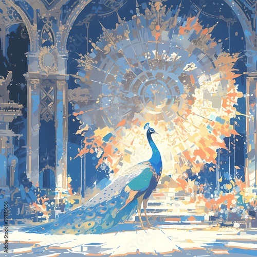 Vibrant Peacock Stands in Opulent Court of Majestic Palace with Golden Decorations