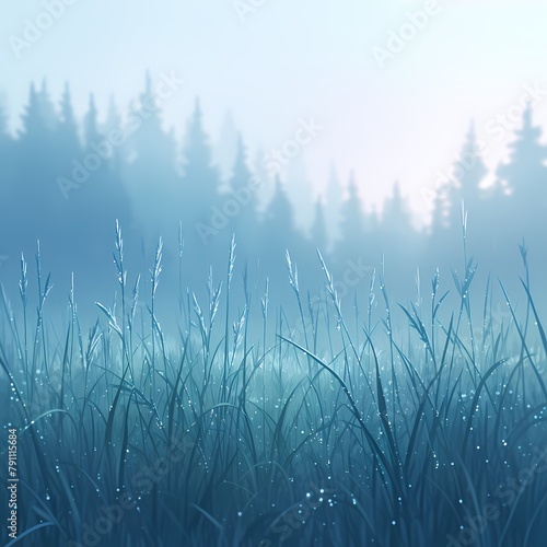 A serene scene of tall grass and trees bathed in soft morning mist, evoking tranquility and natural beauty.