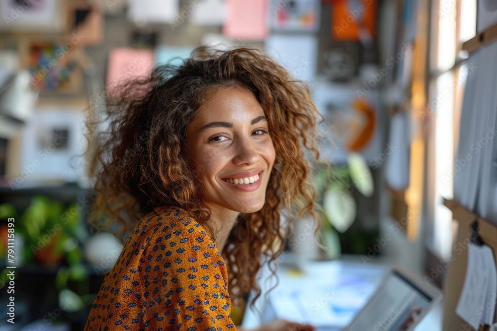A young woman is joyfully engaging with a colorful project management ...