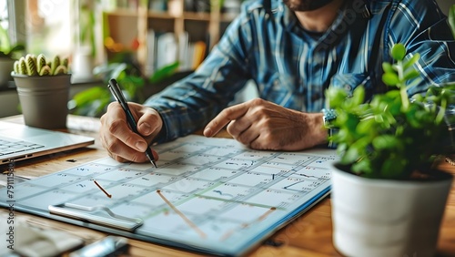 Man pointing to calendar marking important dates and organizing schedule efficiently. Concept Time Management, Calendar Organization, Efficient Scheduling, Important Dates, Planning Routine photo