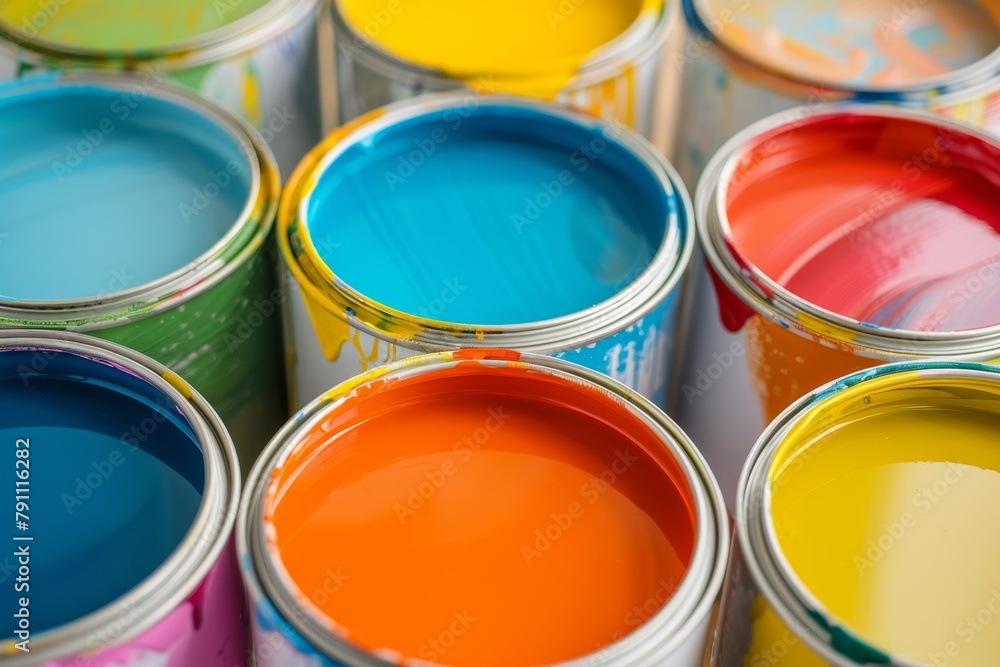 A selection of open paint cans presents a rainbow of bright colors, showcasing potential for vibrant interior decorating projects.. A selection of open paint cans presents a rainbow of bright colors, showcasing potential for vibrant interior decorating projects..