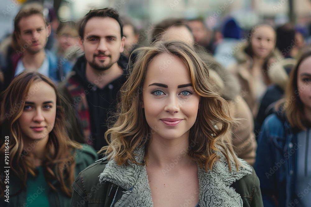 attractive woman looking at camera among crowd of blurred people
