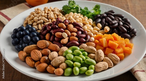 A plate of food with a variety of nutritious ingredients including nuts  beans  and other delicious foods.