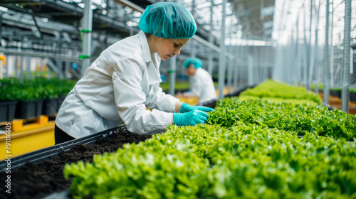 Indoor Agriculture. Researcher Examines Hydroponically Grown Plants in Controlled Environment