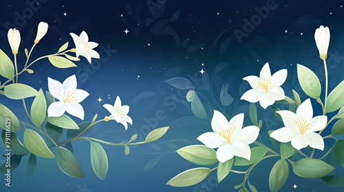 Nightblooming jasmine under moonlight canvas, ideal for a bedroom or quiet study, evoking mystery and the subtle beauty of nocturnal flowers photo