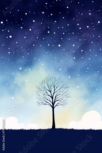 Nighttime silhouette of a lone tree under a starry sky  great for a meditation room or home office  fostering contemplation and a sense of connection with the universe