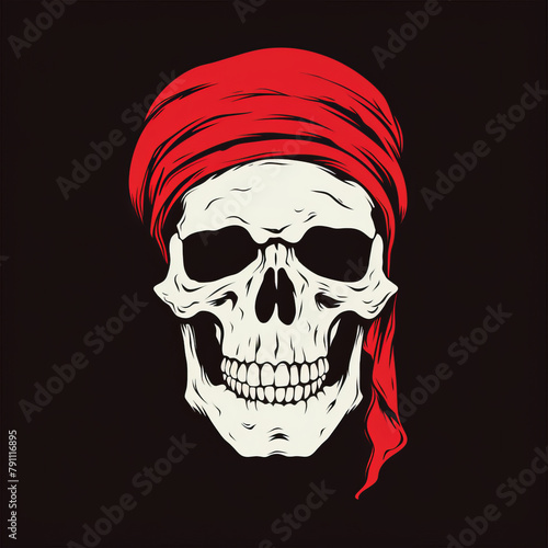 Schädel mit rotem Kopftuch auf schwarzem Hintergrund Illustration