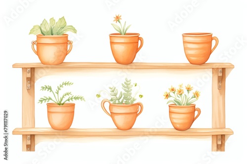 Rustic wooden shelves filled with terracotta flower pots  ideal for a patio or garden shed  creating a functional yet decorative display of gardening passion