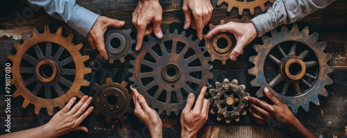 Photo of multiple hands holding different gears on a wooden table