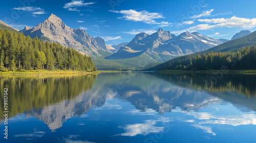 Stunning landscape with a tranquil lake surrounded by majestic mountains and lush greenery © Muhammad