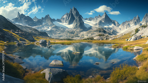 Stunning landscape with a tranquil lake surrounded by majestic mountains and lush greenery