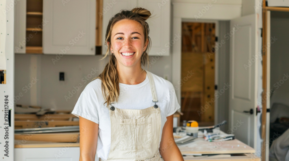 Happy Young Woman in Renovation Site Kitchen, Wearing Casual Attire Happy Young Woman in Renovation Site Kitchen, Wearing Casual Attire
