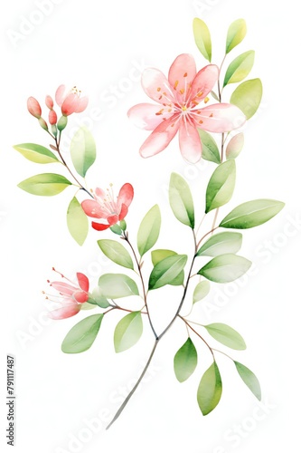 Watercolor guava branches with ripe fruit and blossoms  suitable for a sunroom or conservatory  adding a delicate touch of tropical flora