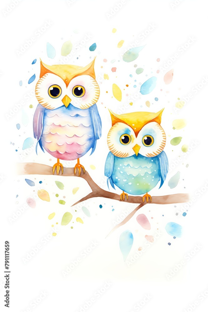 Whimsical cartoon owl family on a branch, suitable for a nursery or children s playroom, adding a fun and cheerful touch with colorful characters Whimsical cartoon owl family on a branch, suitable for a nursery or children s playroom, adding a fun and cheerful touch with colorful characters