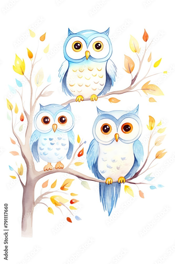 Whimsical cartoon owl family on a branch, suitable for a nursery or children s playroom, adding a fun and cheerful touch with colorful characters