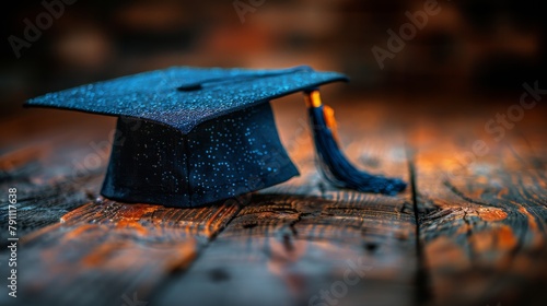 Blue Graduation Cap on Wooden Table photo