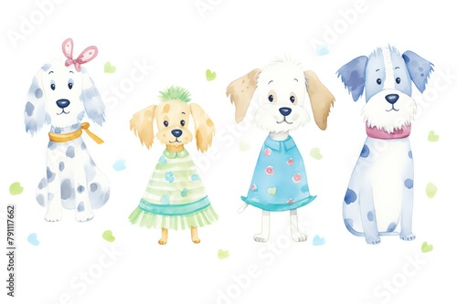 Whimsical cartoon dogs in colorful attire, suitable for a nursery or pediatrician s office, adding fun and cheer with friendly canine characters