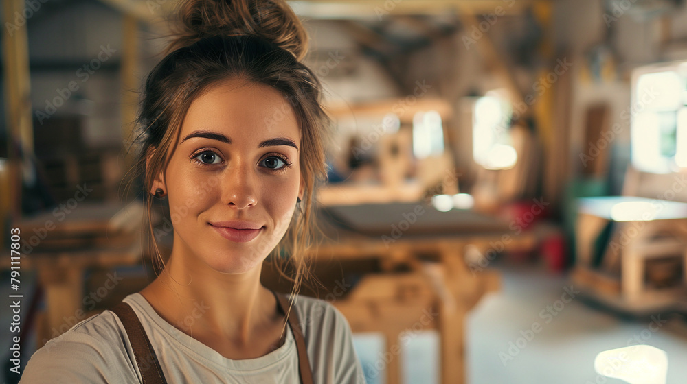 Inquisitive Young Woodworker Selfie in Her Sun-Drenched Workshop Inquisitive Young Woodworker Selfie in Her Sun-Drenched Workshop