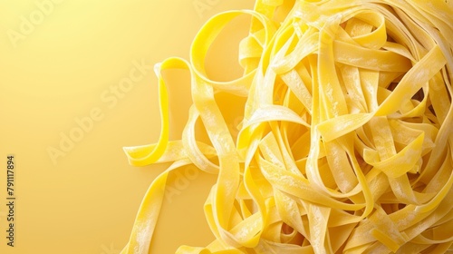A close up of bavette noodles, a staple food in many cuisines, on a vibrant yellow background. Noodles are made from plant ingredients and are a versatile ingredient in various recipes. photo