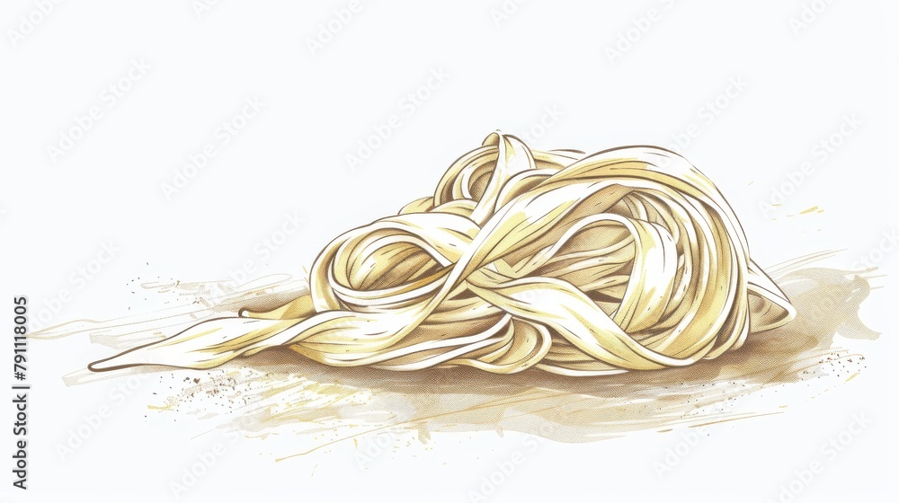 An illustration of a heap of noodles depicted in a line art style on a white background. This drawing is a piece of artwork showcasing the beauty of food as art.