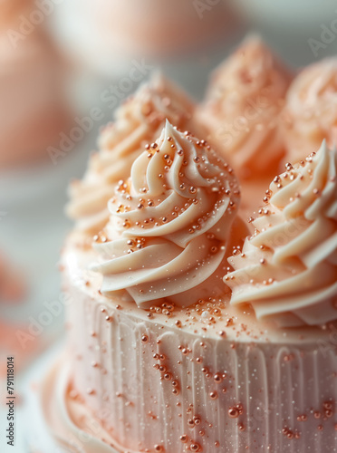 Delectable peach-themed cake adorned with delicate frosting and shimmering decorations. Perfect centerpiece for celebration, radiating elegance. Culinary masterpiece in Peach Fuzz color palette