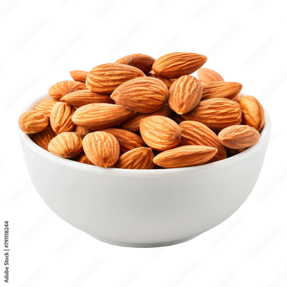 Almonds in white bowl. Isolated on transparent background. Almonds in white bowl. Isolated on transparent background.