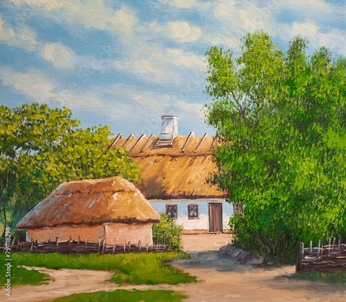 house in the Oil paintings rural landscape, old houses in the countryside, garden in the old village. Fine art, artworkcountryside