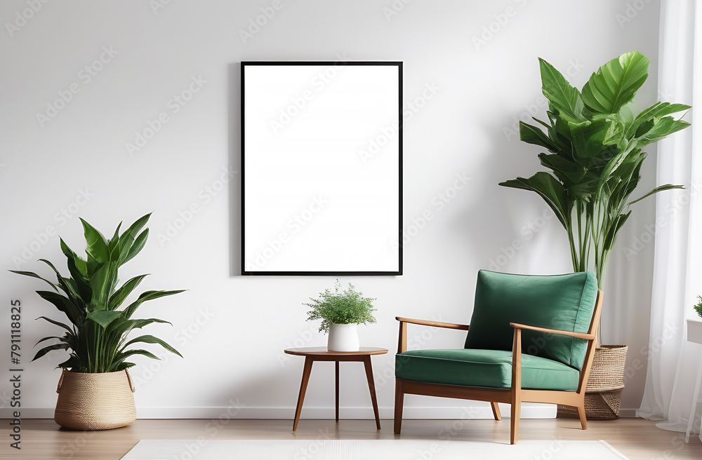 Blank poster frame mockup on white wall living room with wooden sideboard and green plant Blank poster frame mockup on white wall living room with wooden sideboard and green plant
