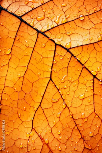 Macro autumn texture of orange leaves with raindrops. Selective focus.