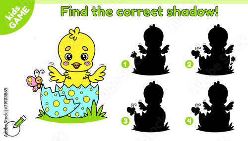 Educational kids Easter game. Find the correct shadow. Cartoon chick hatched from egg. Cute chick in cracked egg. Activity book for school children. Vector baby illustration on spring holiday theme.
