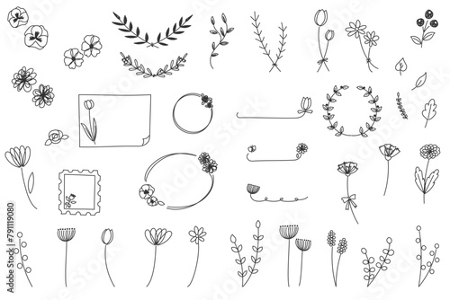 手描きの線画のおしゃれなフラワーセット