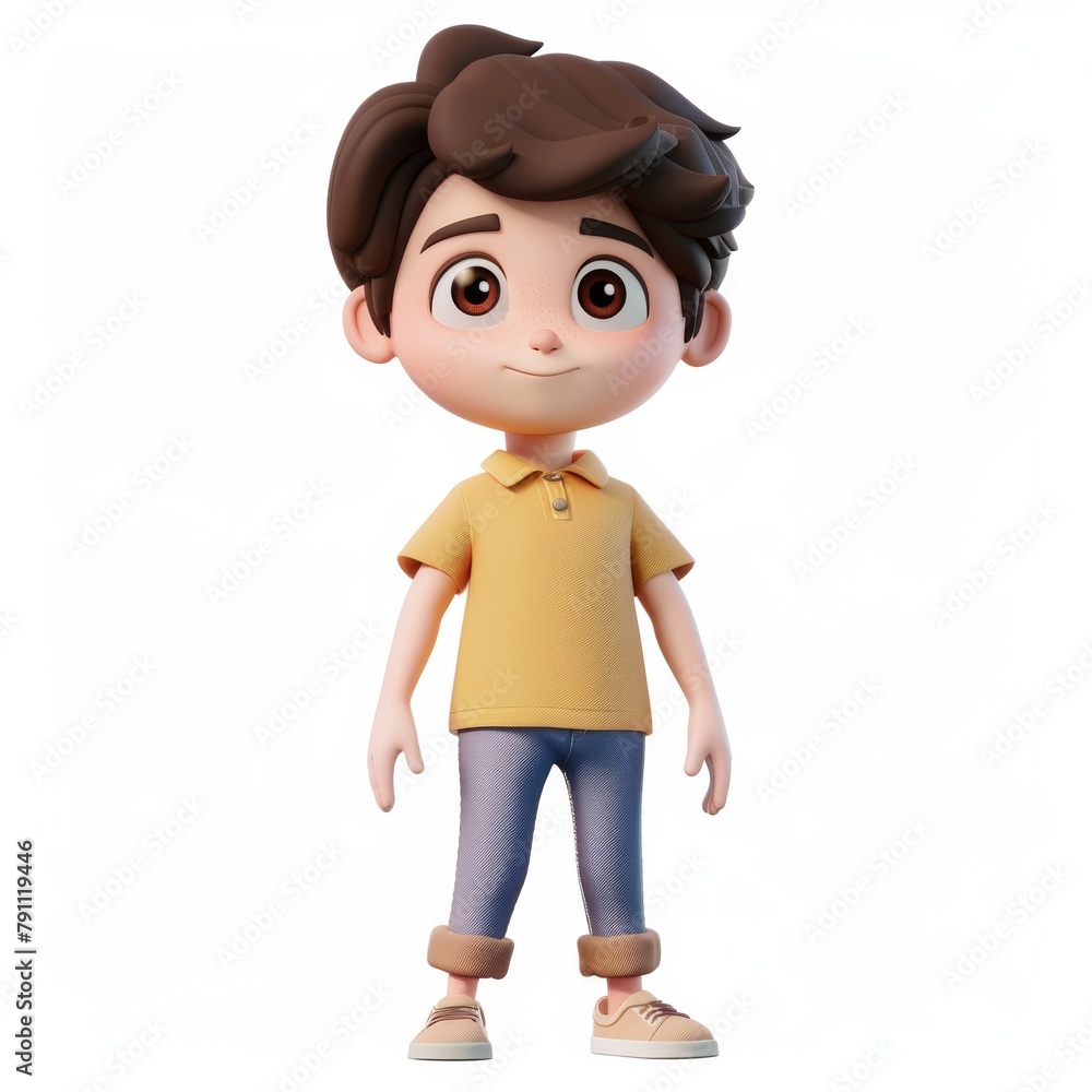 3D illustration of a cheerful cartoon boy in yellow shirt and blue shorts. He has brown hair, blue eyes, and hands in pockets. Simple white background highlights the boy as the image focus.
