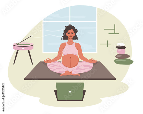 Pregnant woman in lotus pose. yoga at home. Female character does yoga, meditation, stretching, indoor. Mom with belly meditation, relaxing. Bodycare, pregnancy health concept. Vector illustration