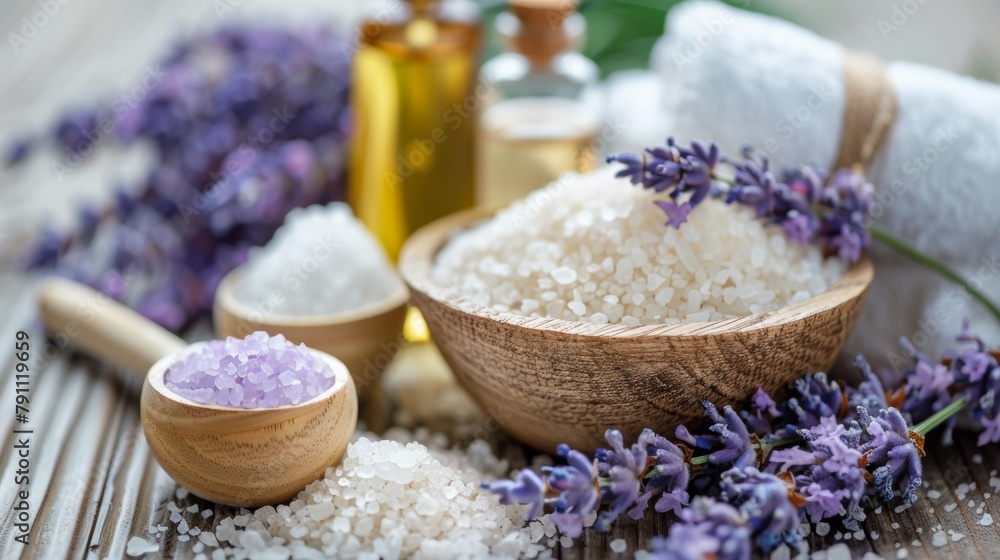 A wooden spoon, a bowl of lavender and some other items, AI A wooden spoon, a bowl of lavender and some other items, AI