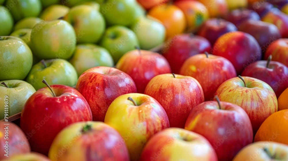 A close up of a bunch of apples and oranges in the store, AI A close up of a bunch of apples and oranges in the store, AI