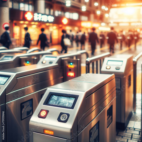 close up image of modern chrome ticket barrier with scanning entry to train station in urban Japan photo