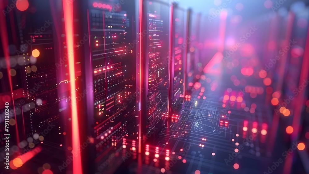 Exploring a Modern Data Center with Isometric View and Neon Cyber Space. Concept Data Center Tours, Isometric Views, Neon Cyber Space, Modern Technology, Virtual Reality