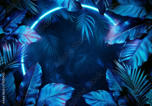Blue neon frame with leaves on black background, in the style of circular shapes, tropical landscapes