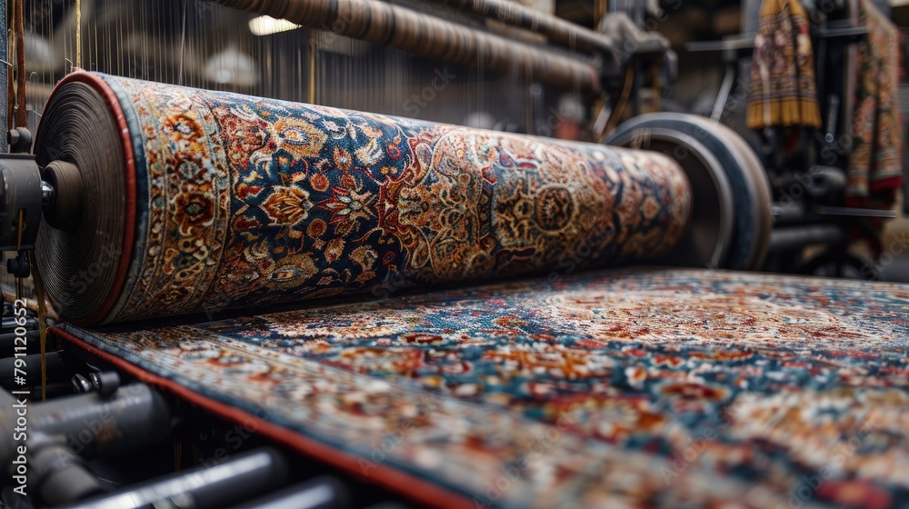 Azerbaijani carpet weavers in a Baku workshop, creating intricate patterns on a large loom Azerbaijani carpet weavers in a Baku workshop, creating intricate patterns on a large loom