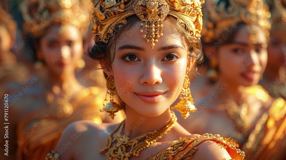 Balinese dancers in golden costumes performing a legong dance at a temple festival in Ubud