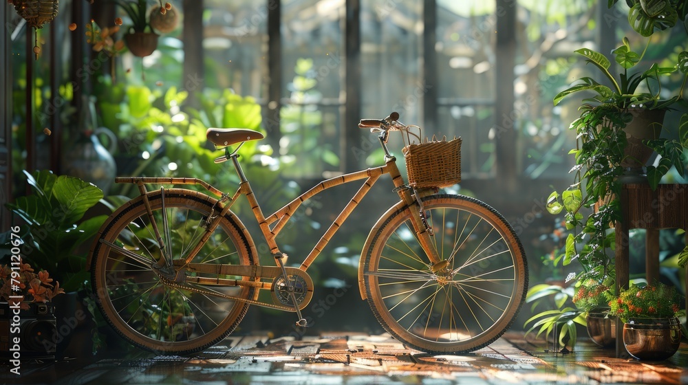 Bamboo bicycle workshop, handcrafting with sustainable materials, artisan scene