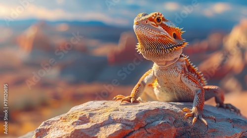 Bearded dragon on a rock, desert background, stoic