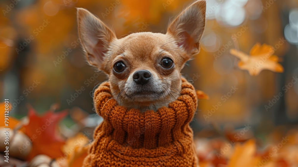 Chihuahua in a knitted sweater, sitting in a fall leaves scene Chihuahua in a knitted sweater, sitting in a fall leaves scene