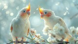 Cockatiel duo in a musical setting, notes floating, harmonious