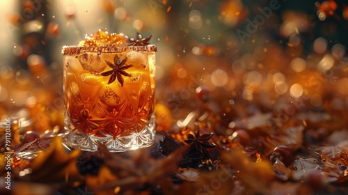 Chai-infused bourbon cocktail, in a stout glass, autumn leaves background photo