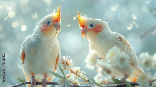 Cockatiel duo in a musical setting, notes floating, harmonious photo