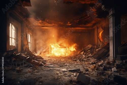 Scene of Chaos and Destruction Inside Building, Concept of Political Instability and Conflict